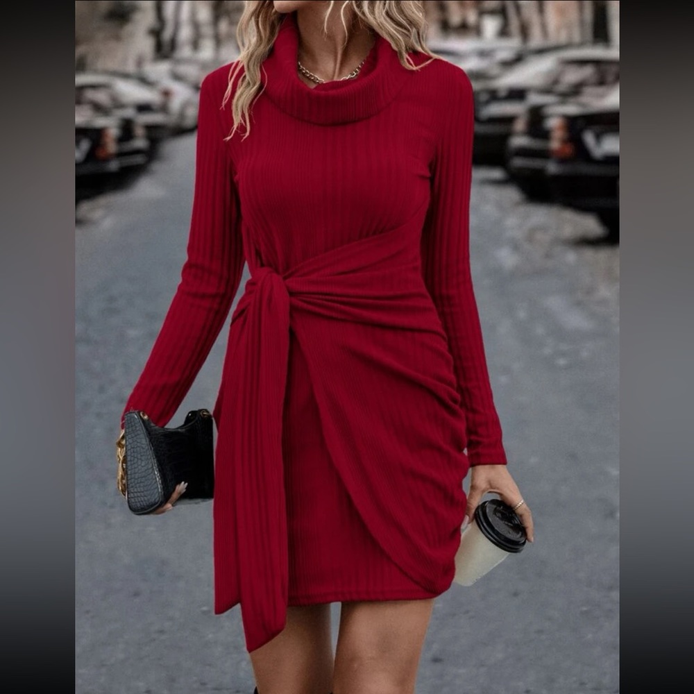 Classic Long Sleeve Cowl Neck Knot Side Wrap Hem Ribbed Dress - Picture 3 of 16
